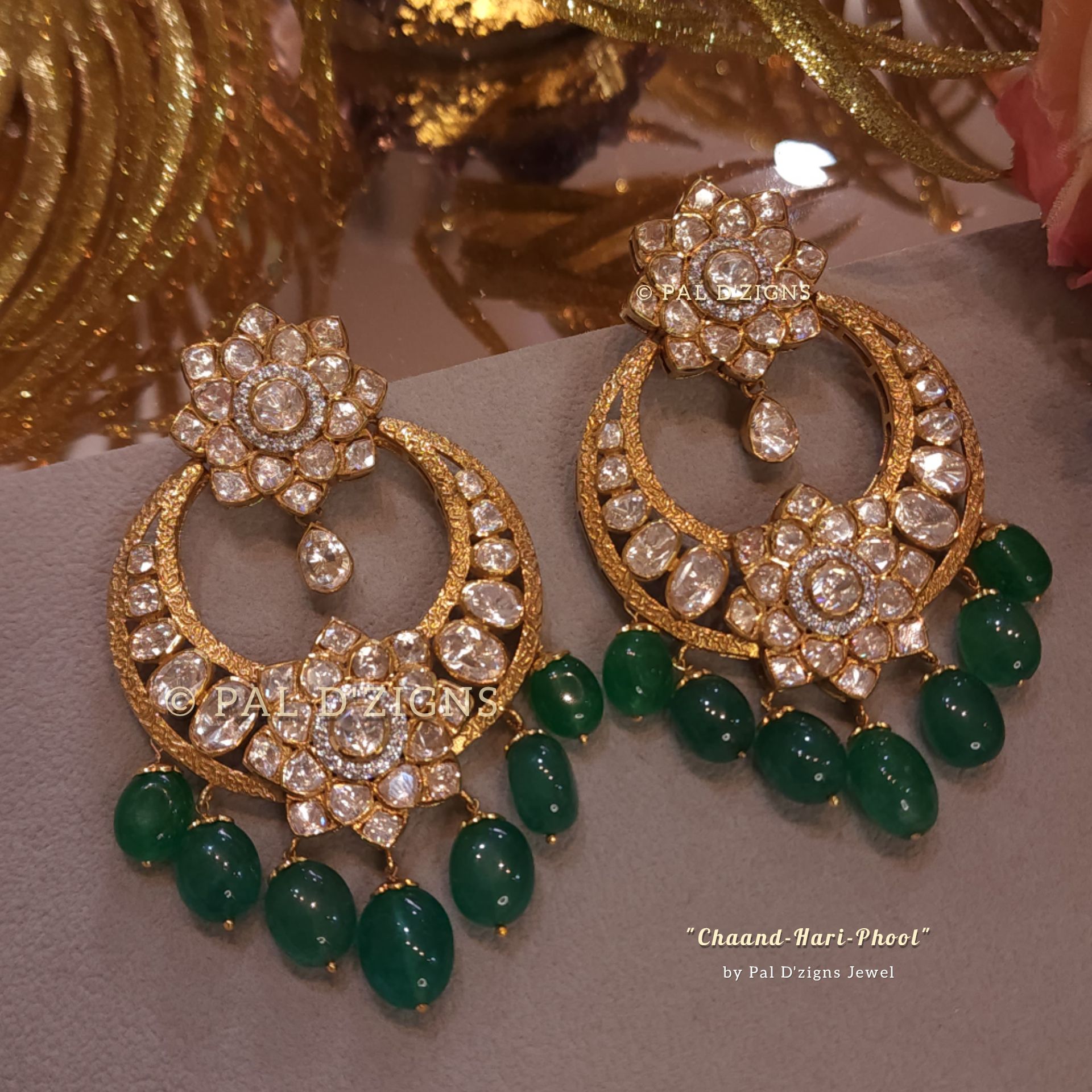 Chaand Hari Phool Moissanite Polki Chandbaaliya