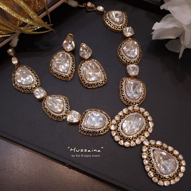 Hussaina moissanite big polki necklace set
