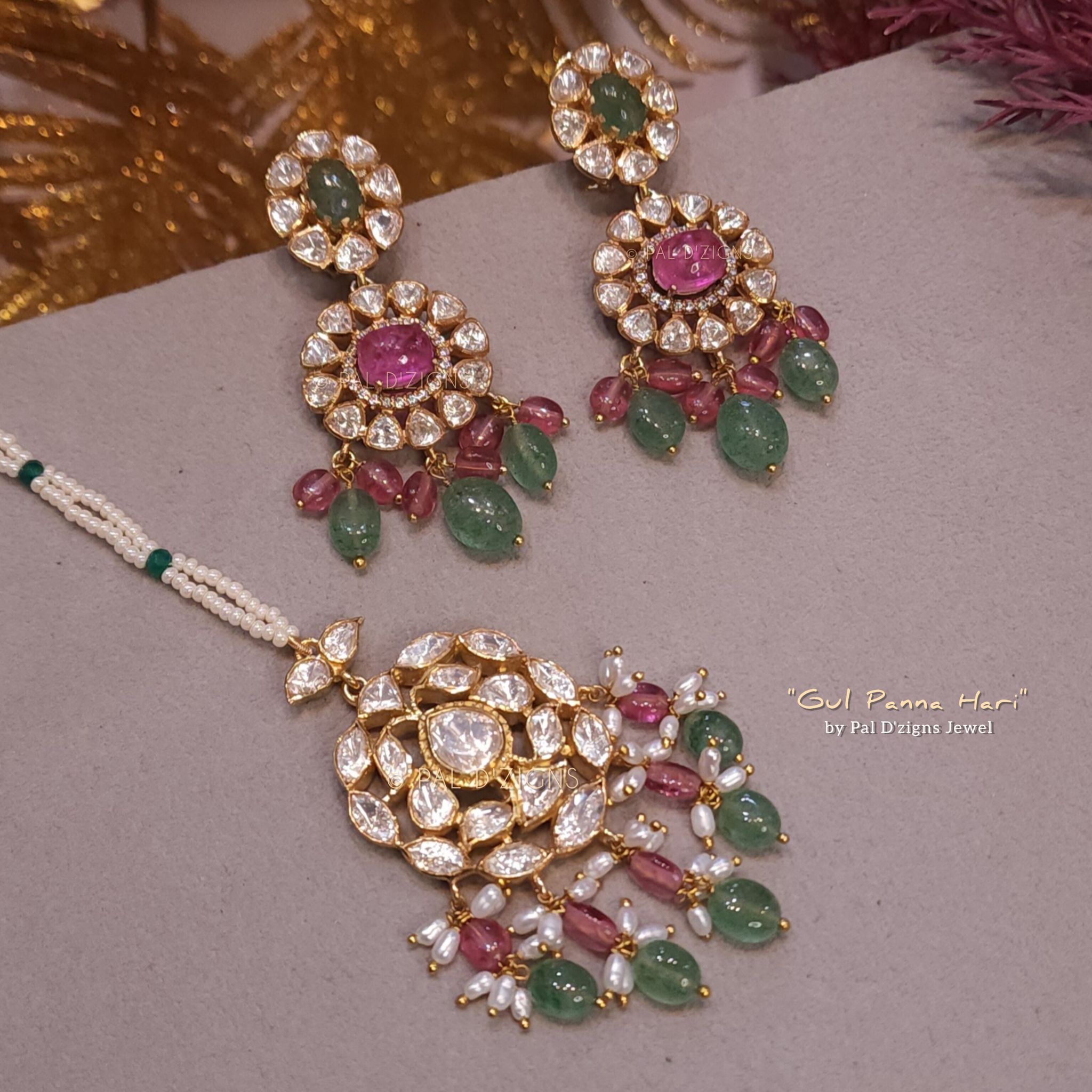 Gul Panna Hari - Moissanite Polki Tika - Earing Set