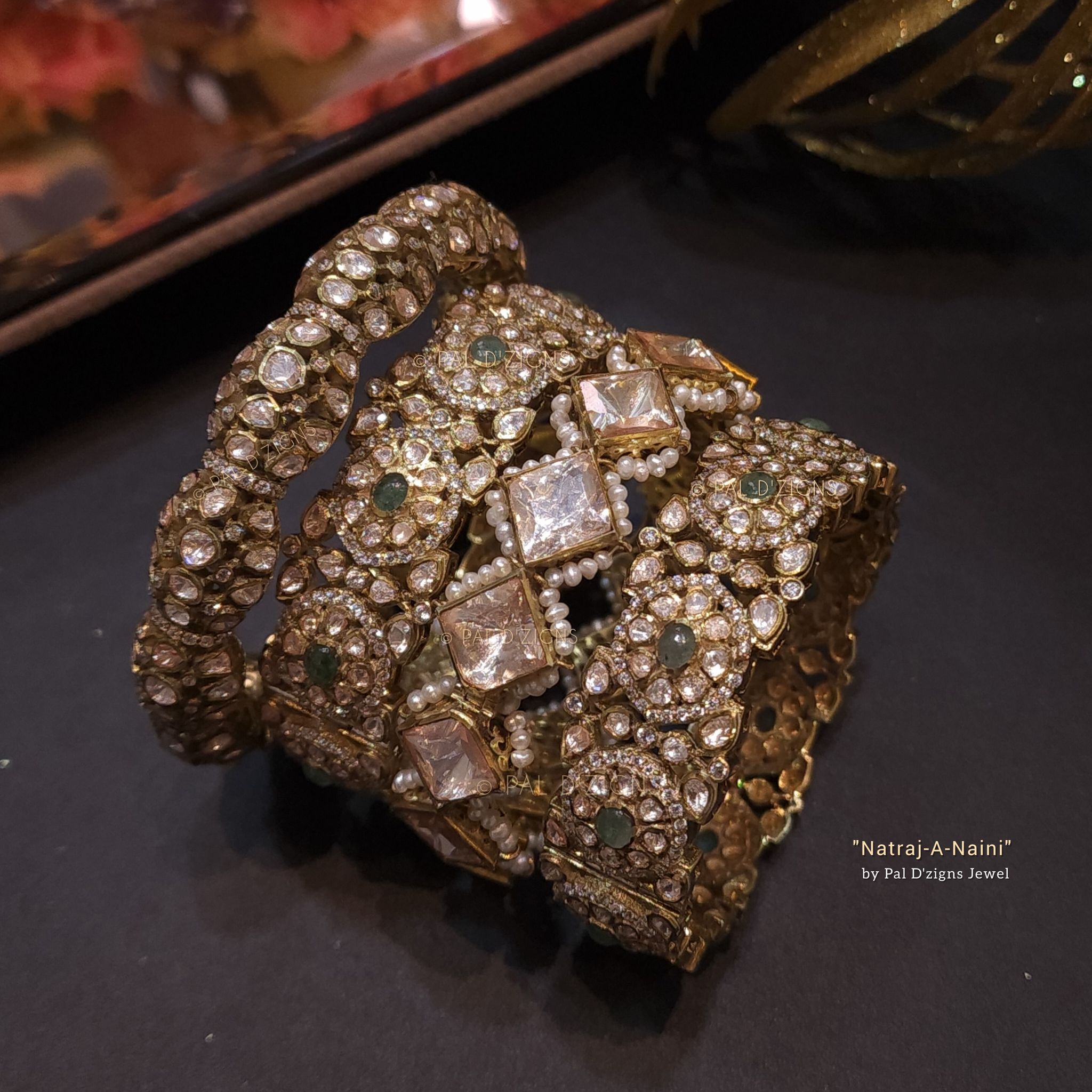 Natraj-A-Naini -(Stack of 4) Combinations of Moissanite Polki Bangle