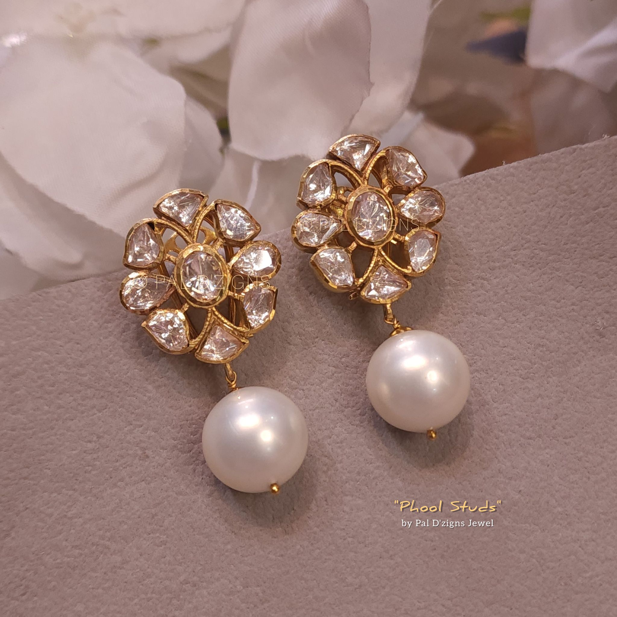 Phool Studs in Moissanite Polki