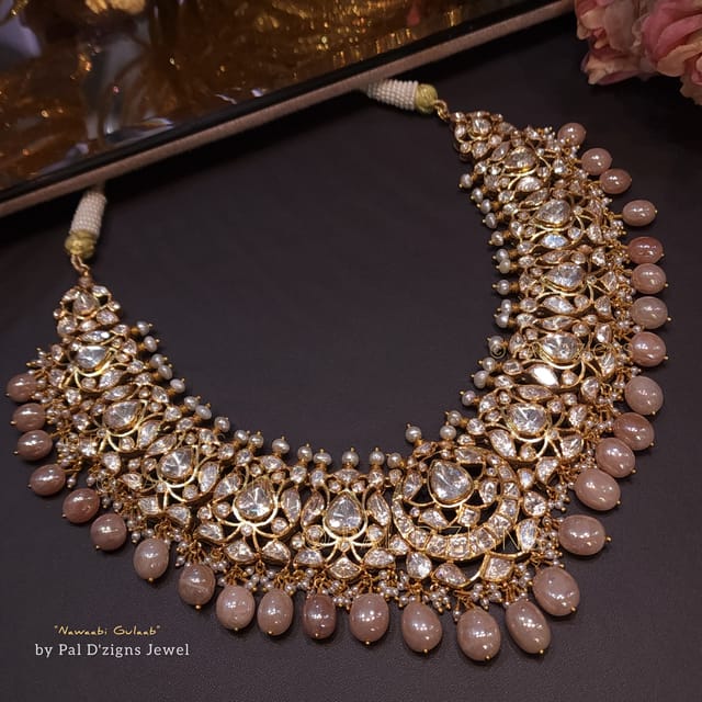 Gold Nawaabi Gulaab Moissanite Polki Necklace