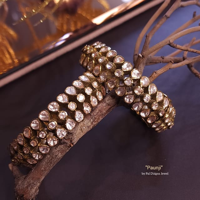 Paunji (2-2" Size Antique) Moissanite Polki Bangle (Pair)