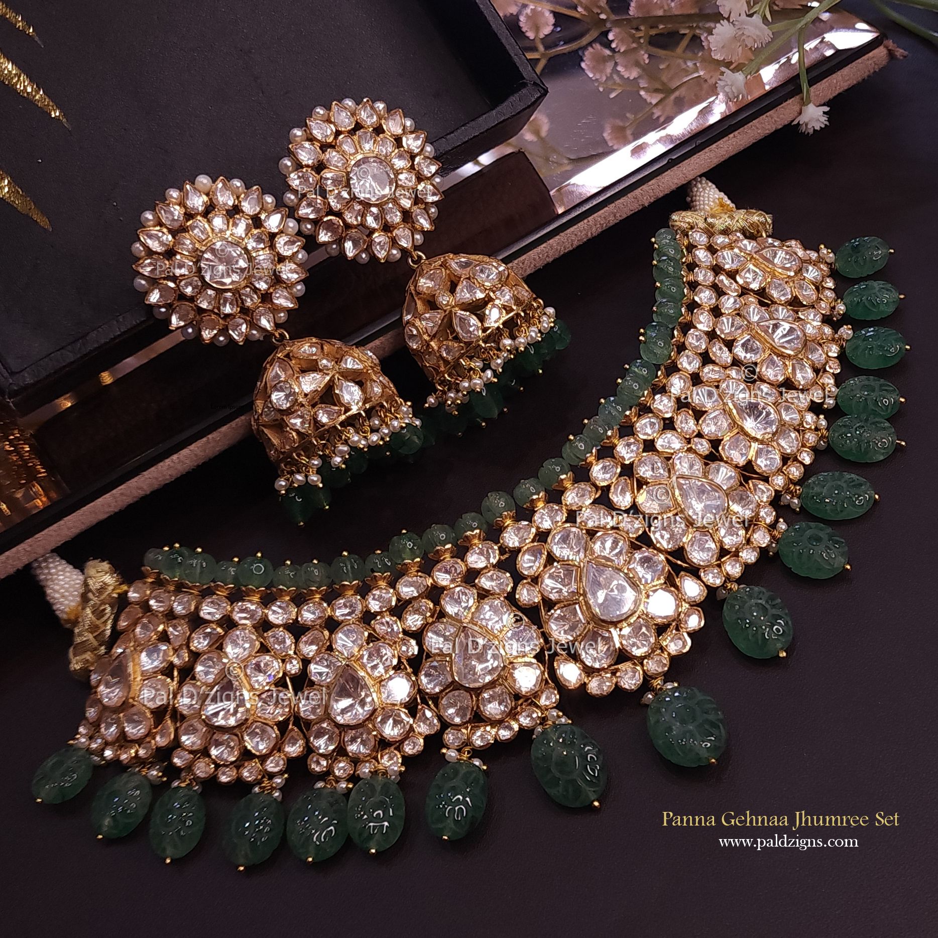 Panna Gehnaa Jhumree Choker Set in Moissanite Polki