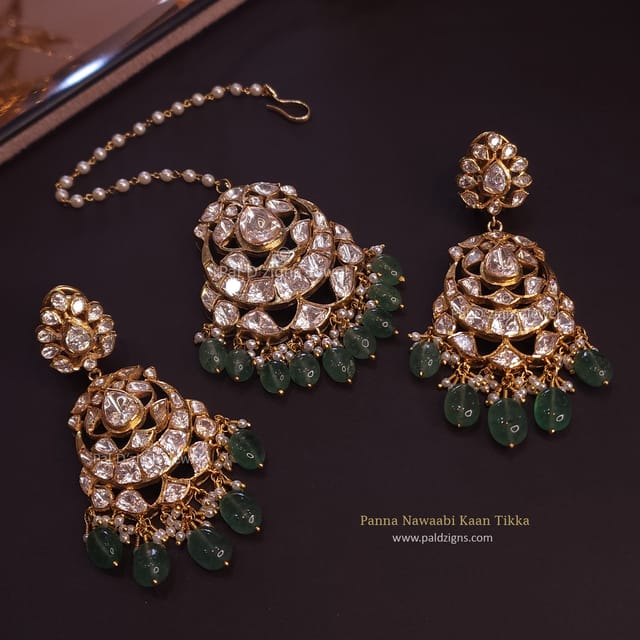 Panna Nawaabi  Moissanite Polki Kaan Tikka Set