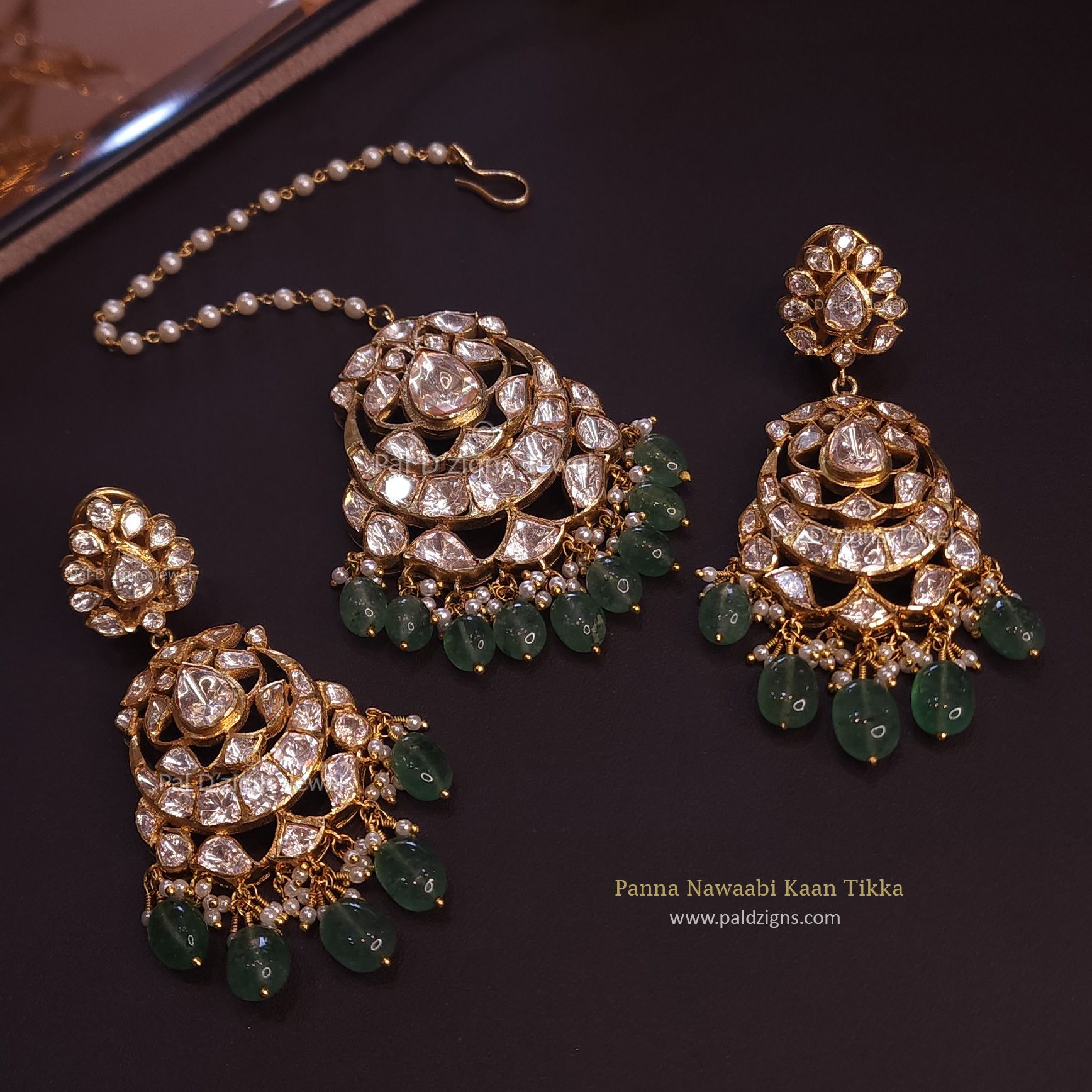Panna Nawaabi  Moissanite Polki Kaan Tikka Set