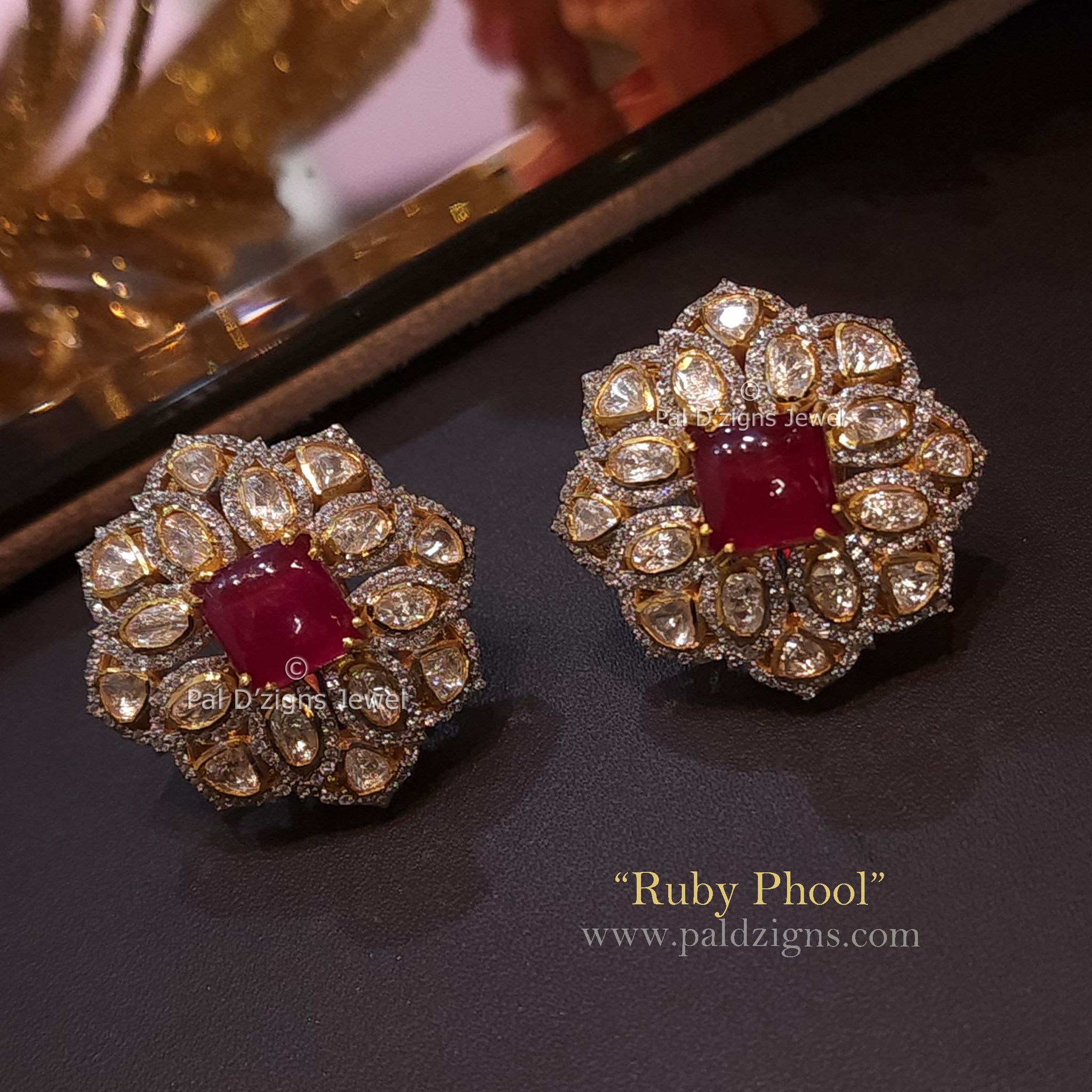 Ruby Phool Moissanite Polki Studs