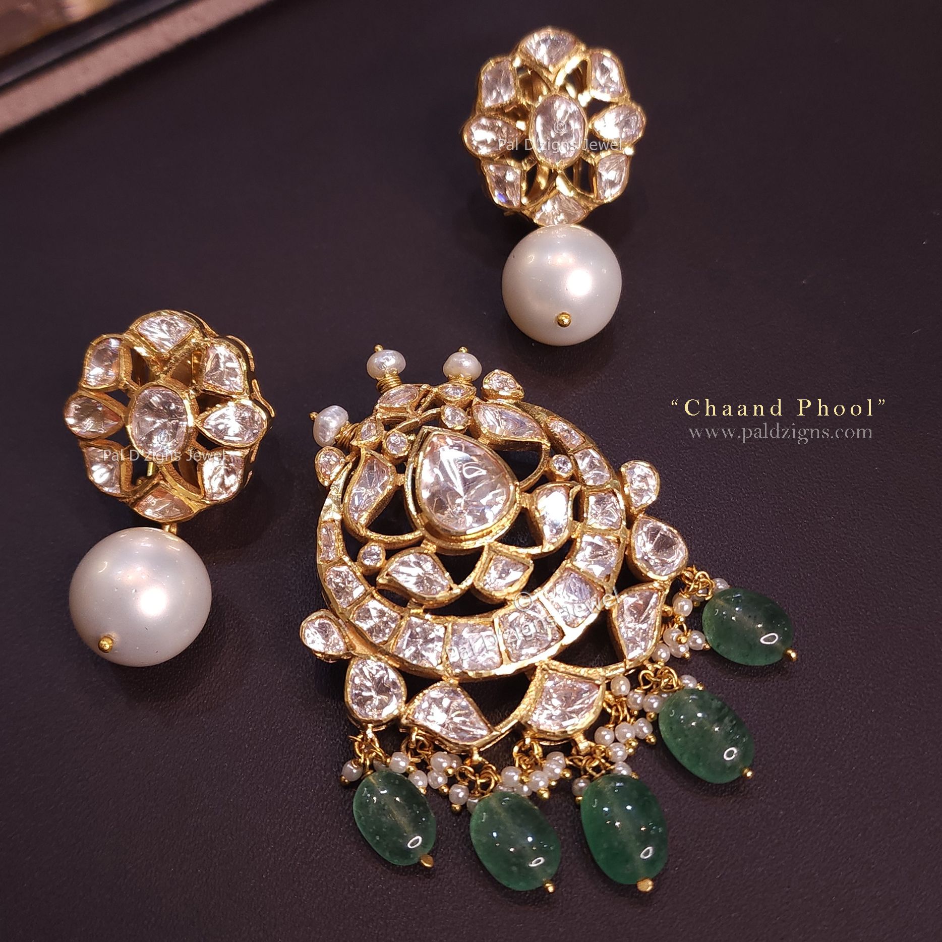 Chaand Phool Moissanite Polki Pendant Set