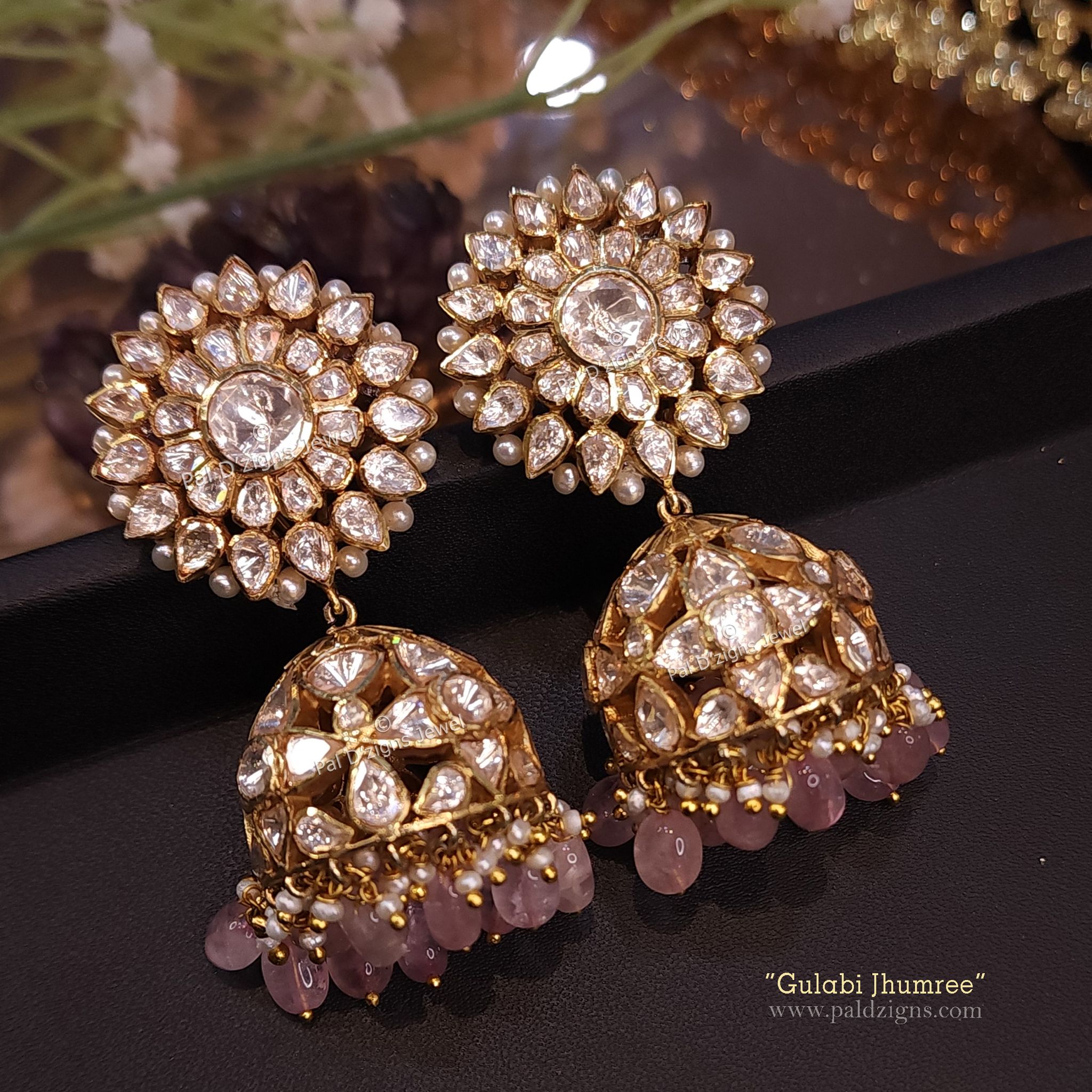 Gulabi jhumree moissanite polki jhumki