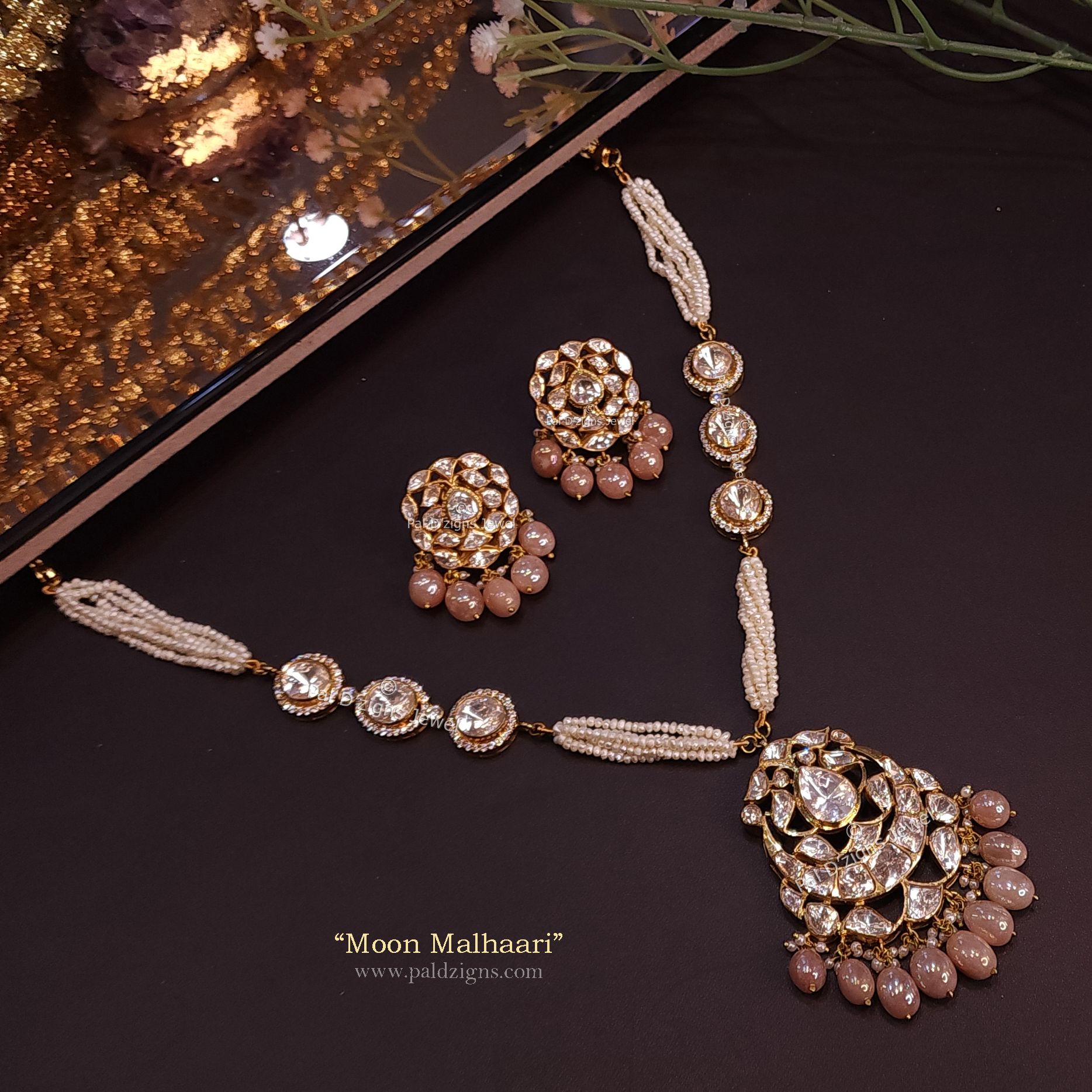 Moon Malhaari Pendant Set In Moissanite Polki