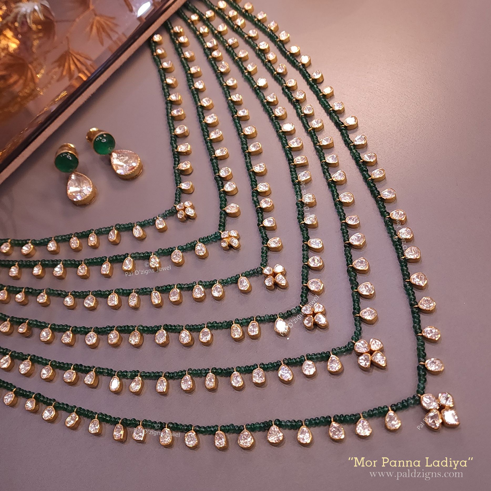 Mor Panna Ladiya - Moissanite Polki 6 layer Necklace Set