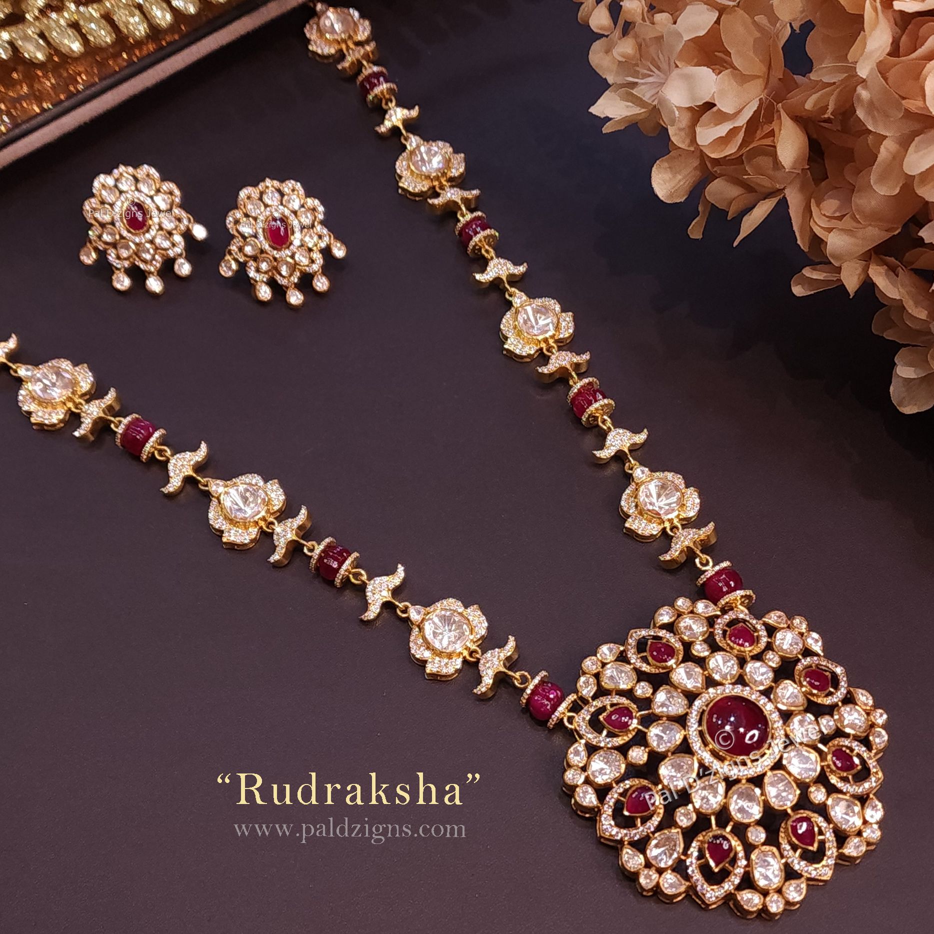 Rudraksha Moissanite Polki Pendant Set