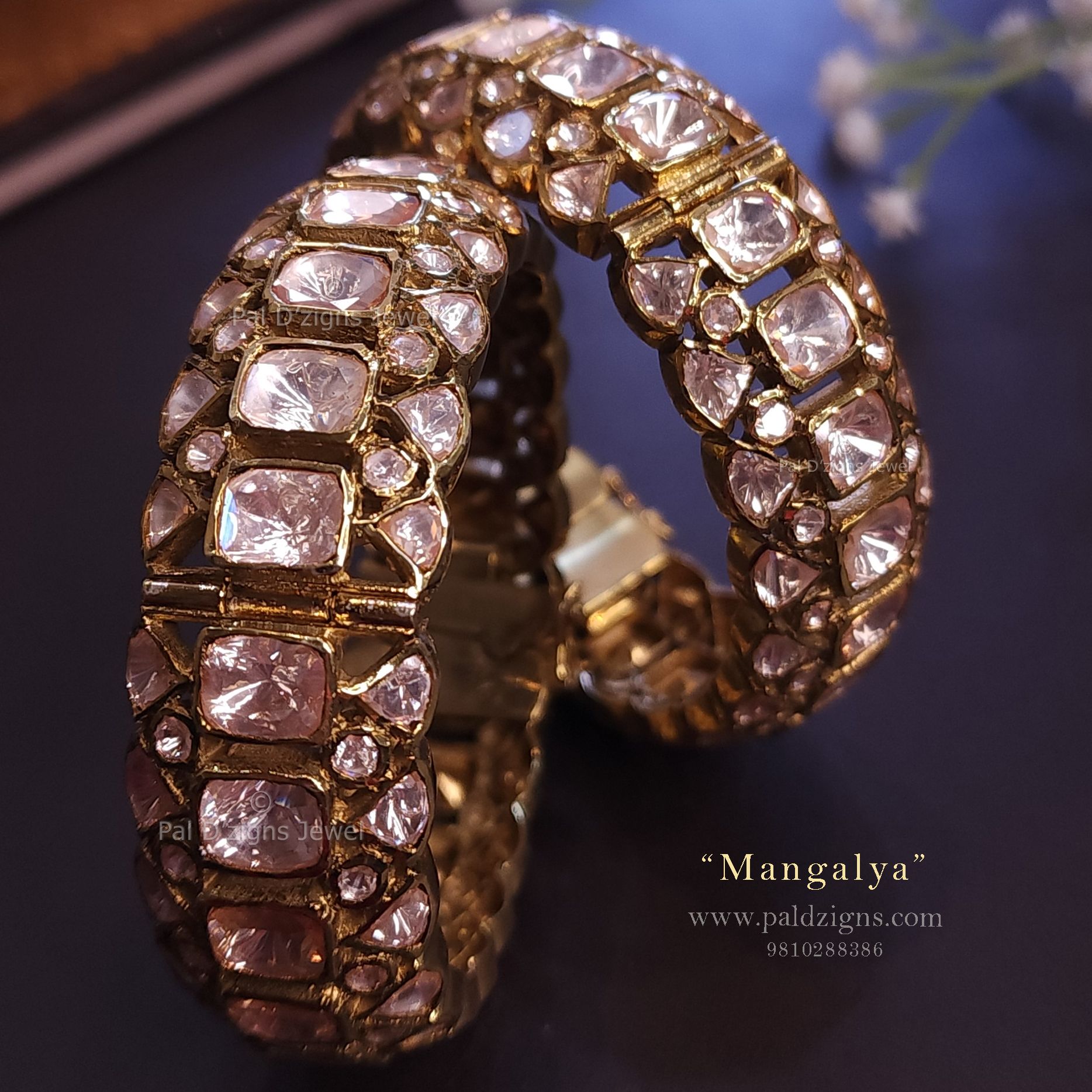 Mangalya Antique (2-2" Size) Moissanite Polki Bangles (Pair)