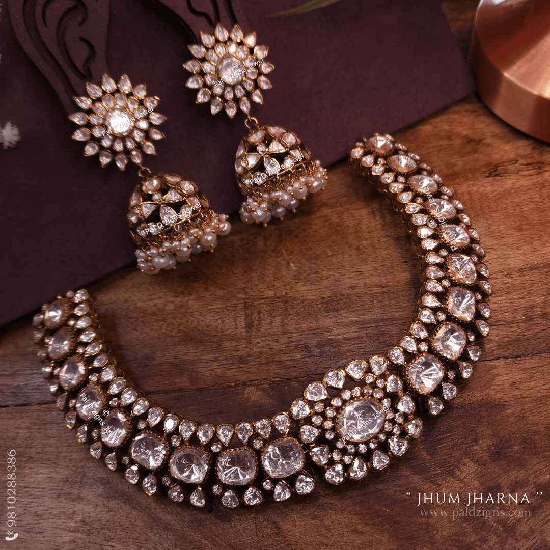 Jhum Jharna Moissanite Polki Necklace Set