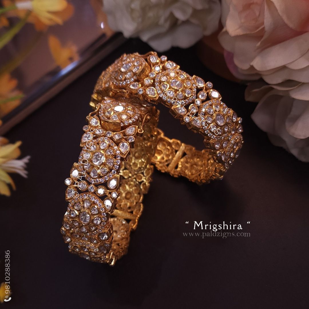 Mrigshira Gold (2-2" Size) Moissanite Polki Bangles (Pair)