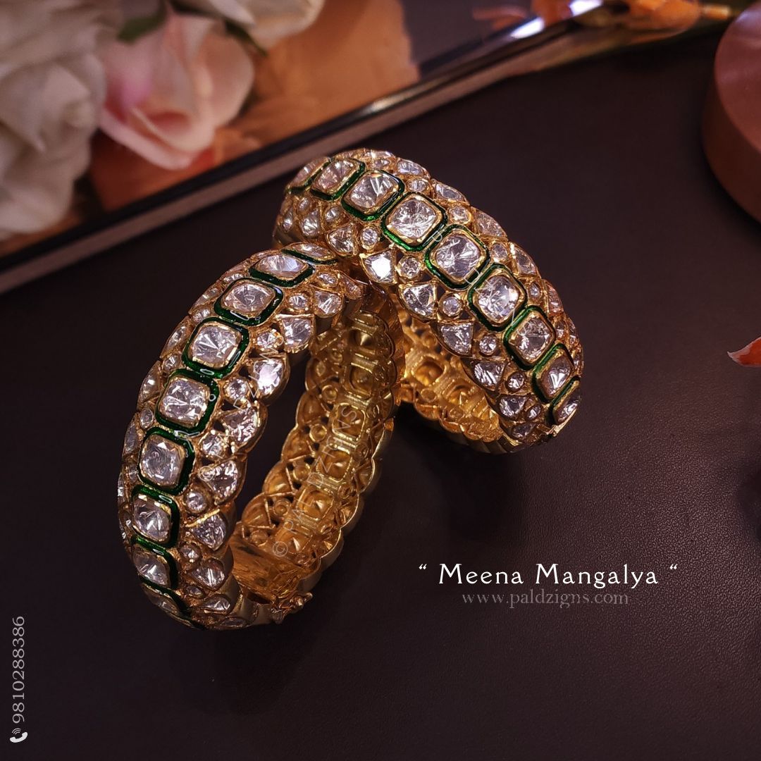 Meena Mangalya (2-8" Size) Moissanite Polki Bangles (Pair)