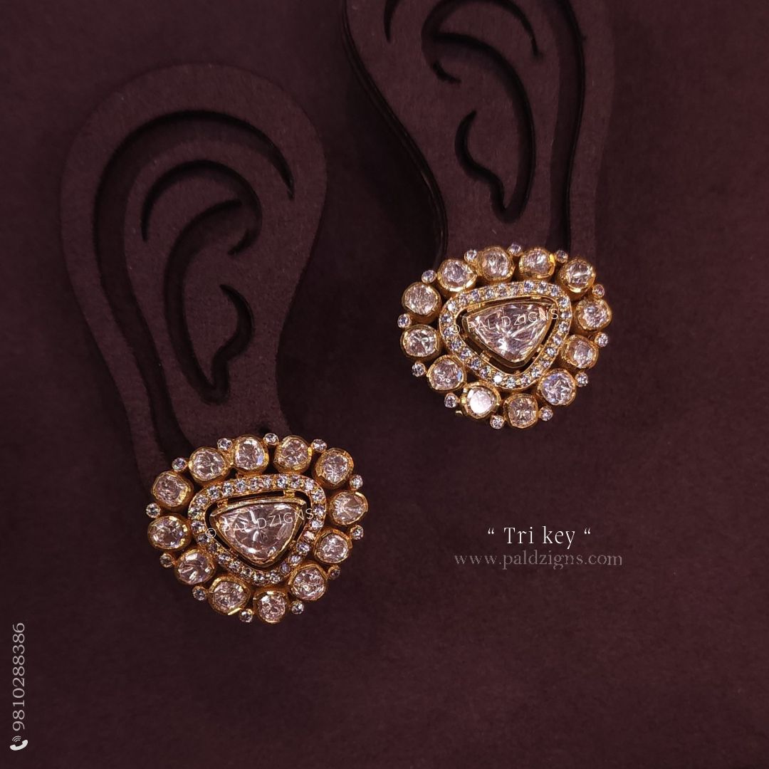 Tri Key Gold Moissanite Polki Stud