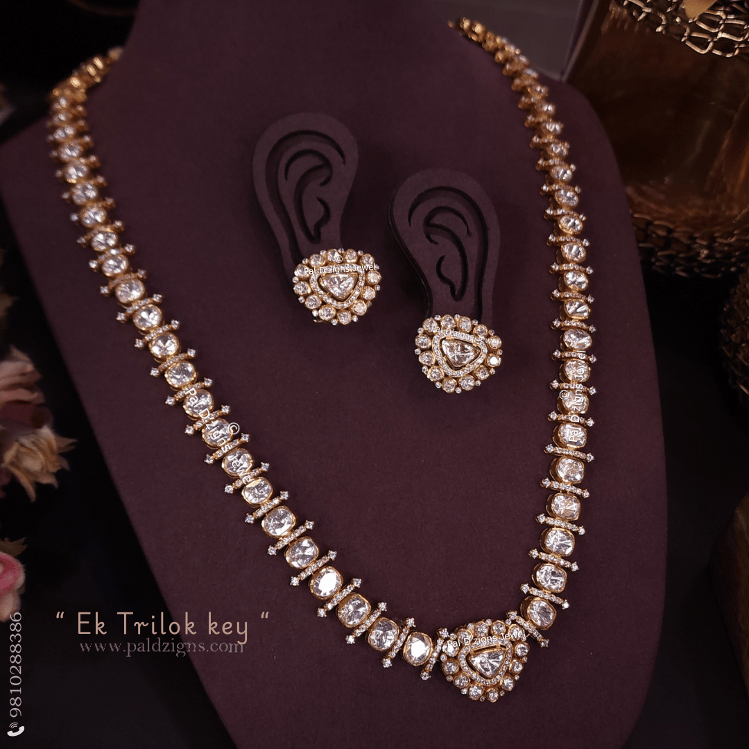 Ek Trilok key Moissanite Polki Detachable Necklace Set
