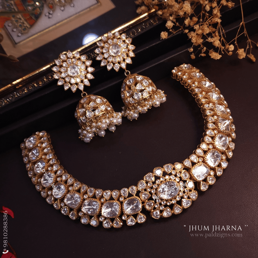 Jhum Jharna Gold Moissanite Polki Necklace Set