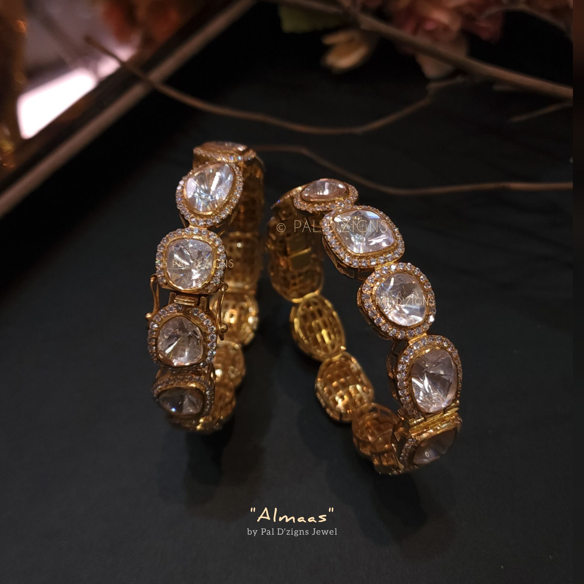 Almaas (2-10" Size) Moissanite Polki Bangles (Pair)