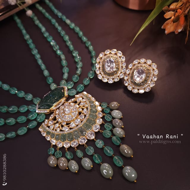 Vaahan Rani Light Green Moissanite Polki Long Pendant Set