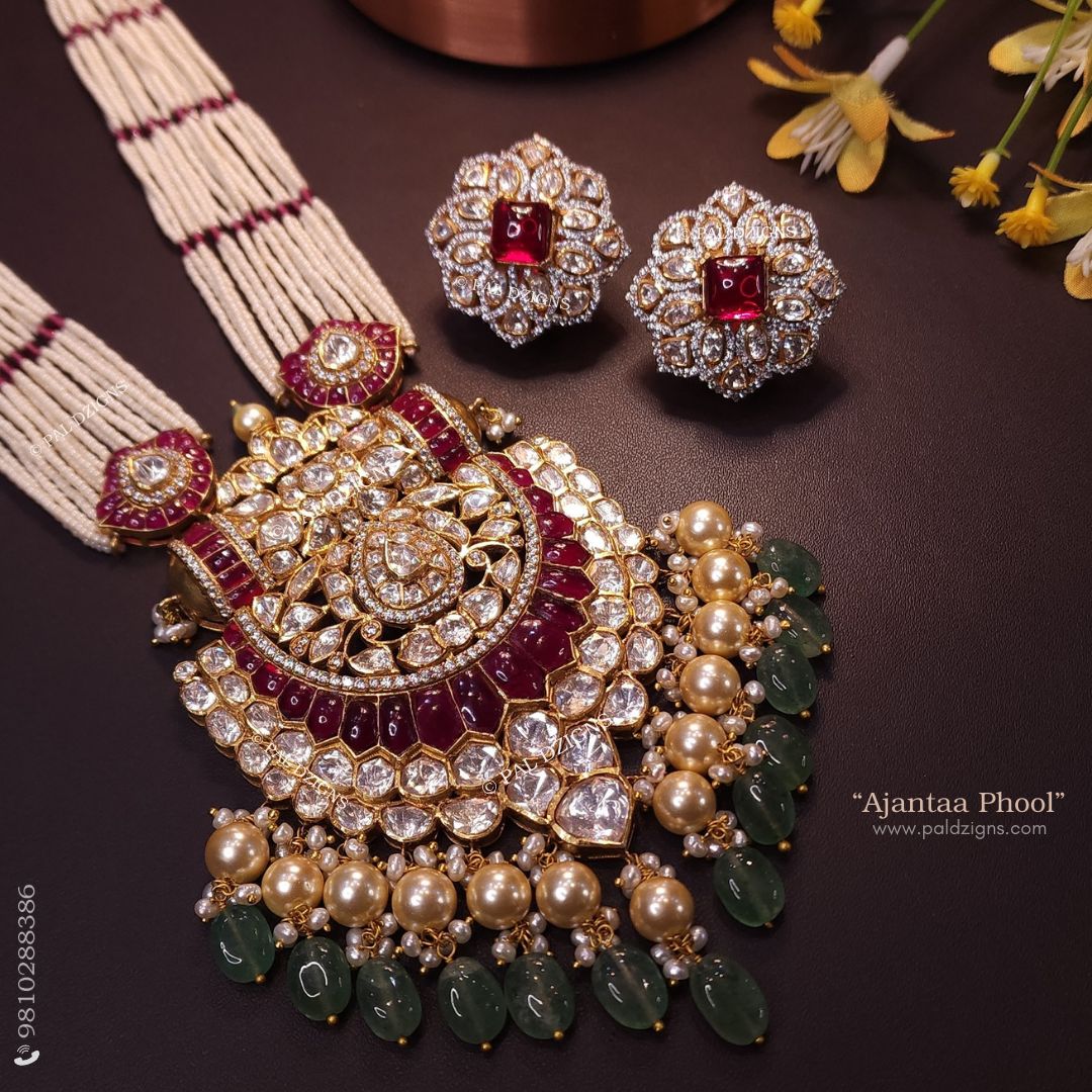 Ajantaa Phool - Moissanite Polki Long Pendant Necklace Set