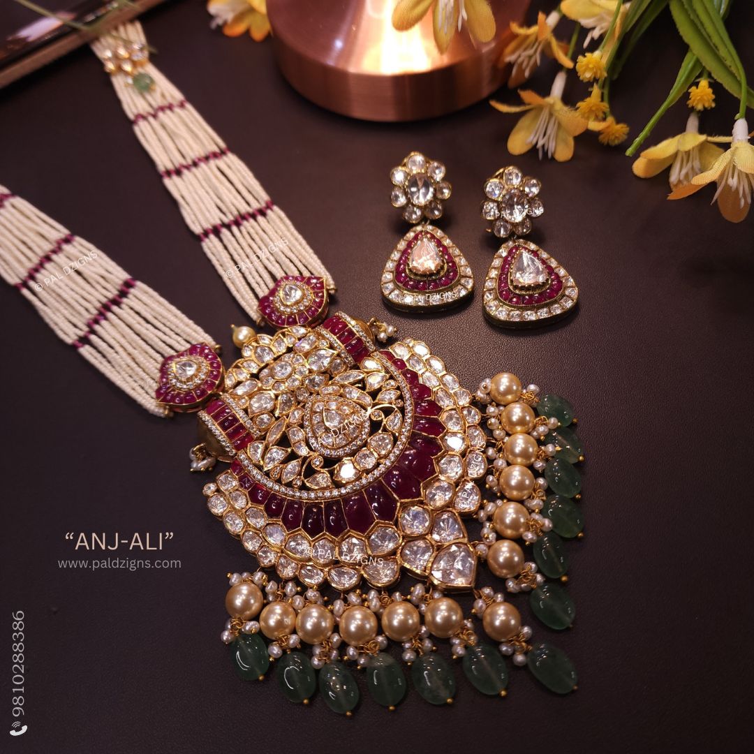 Anj-Ali Moissanite Polki Long Pendant Necklace Set