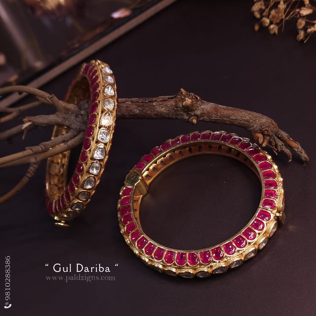 Gul Dariba 2-4" Size Moissanite Polki Bangles (Pair)
