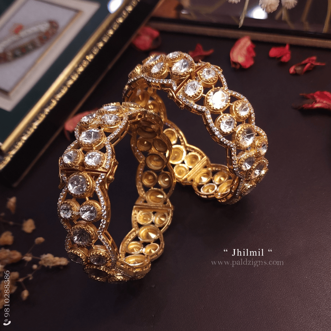 Jhilmil (2-6" Size) Moissanite Polki Bangles (Pair)
