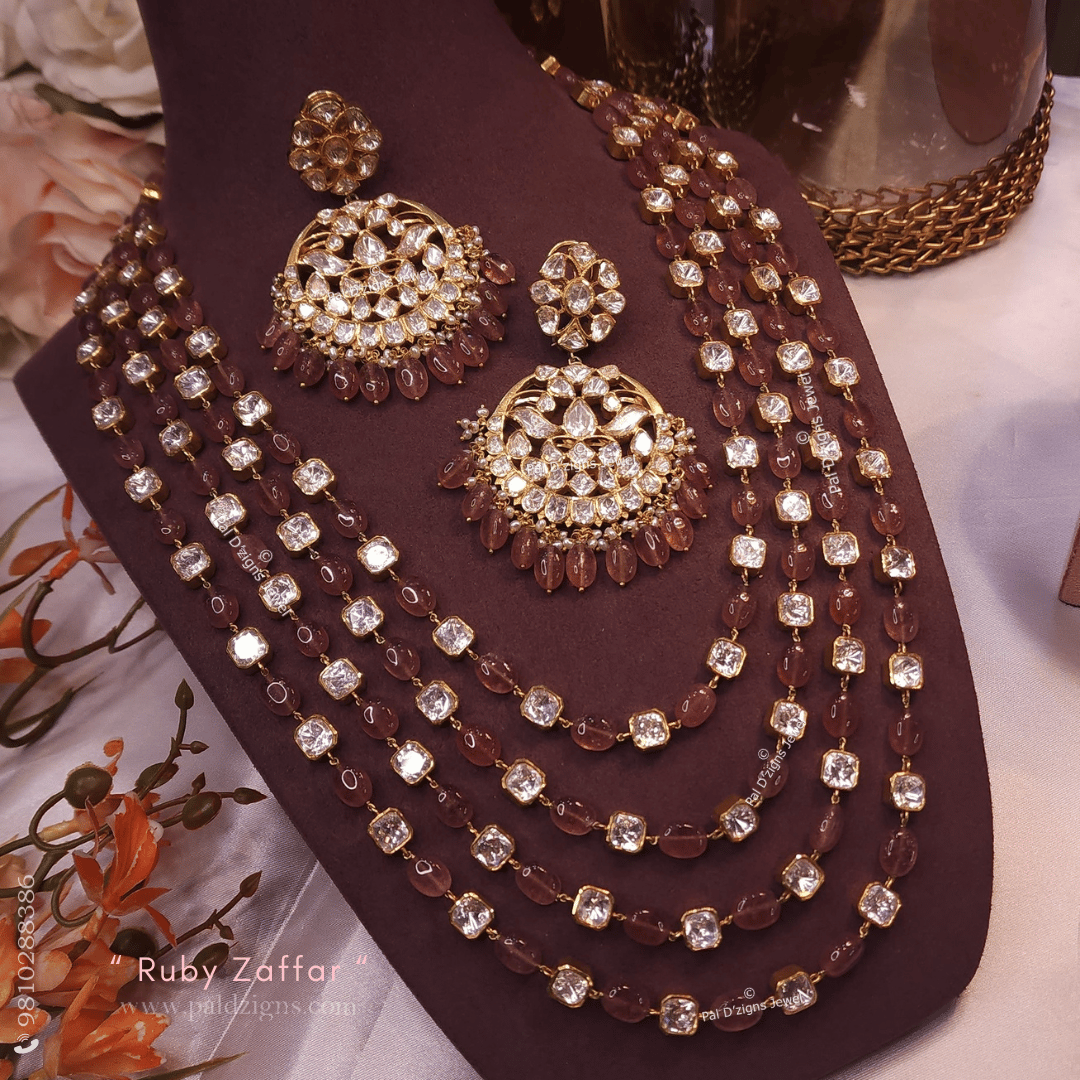 Ruby Zaffar Moissanite Polki Long Necklace Set
