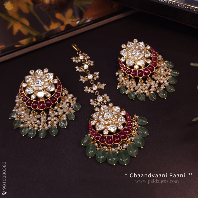 Chaandvaani Raani Moissanite Polki Earrings And Tikka Combo
