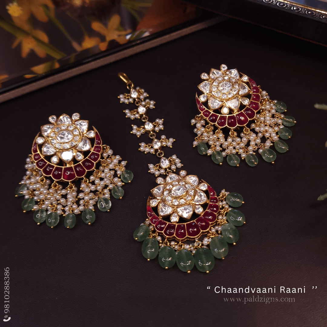 Chaandvaani Raani Moissanite Polki Earrings And Tikka Combo