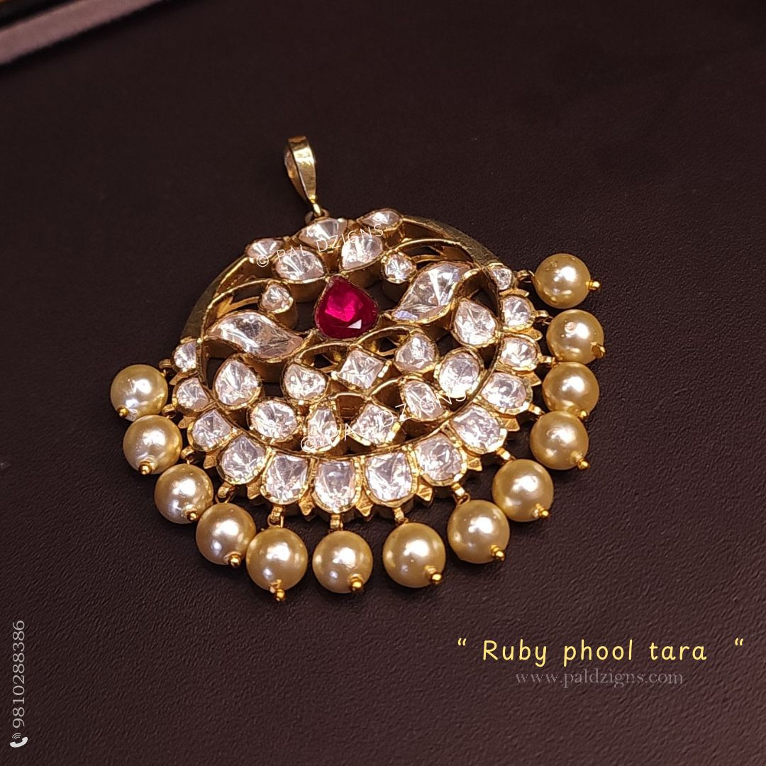Ruby Phool Tara Moissanite Polki Pendant
