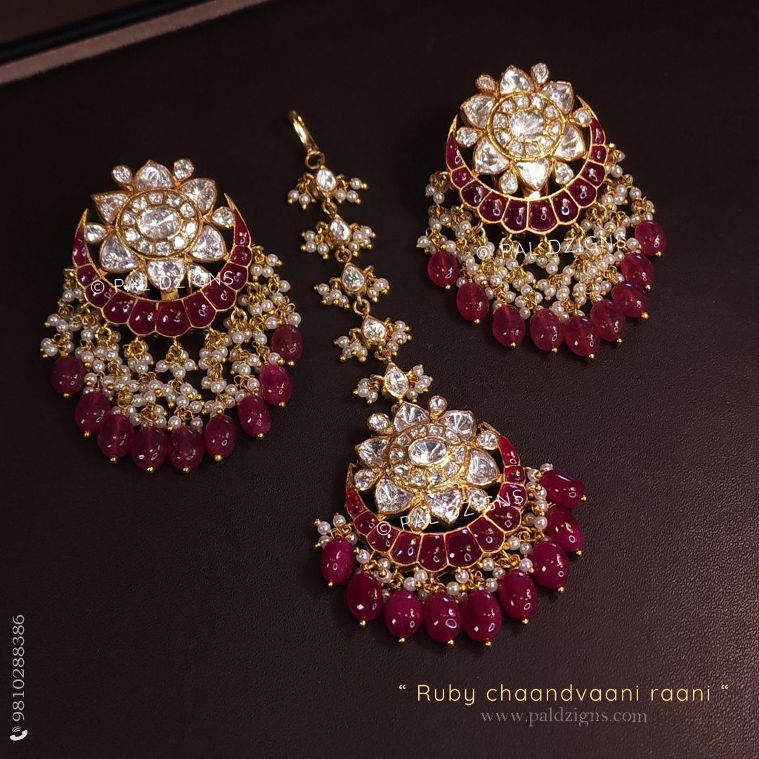 Ruby Chaandvaani Raani Moissanite Polki Earrings And Tikka Combo
