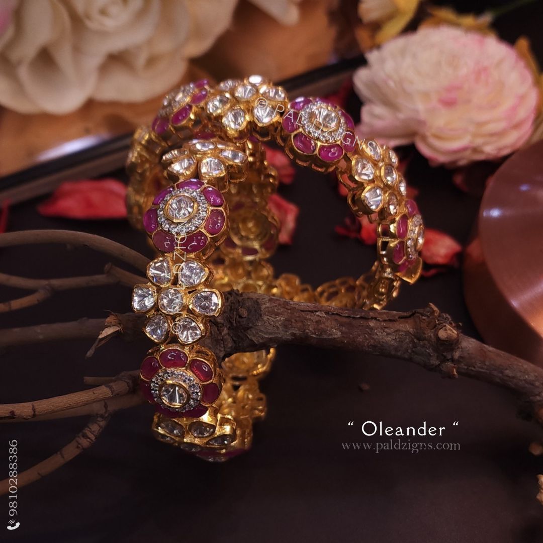 Oleander (2-10" Size) Moissanite Polki Bangles (Pair)