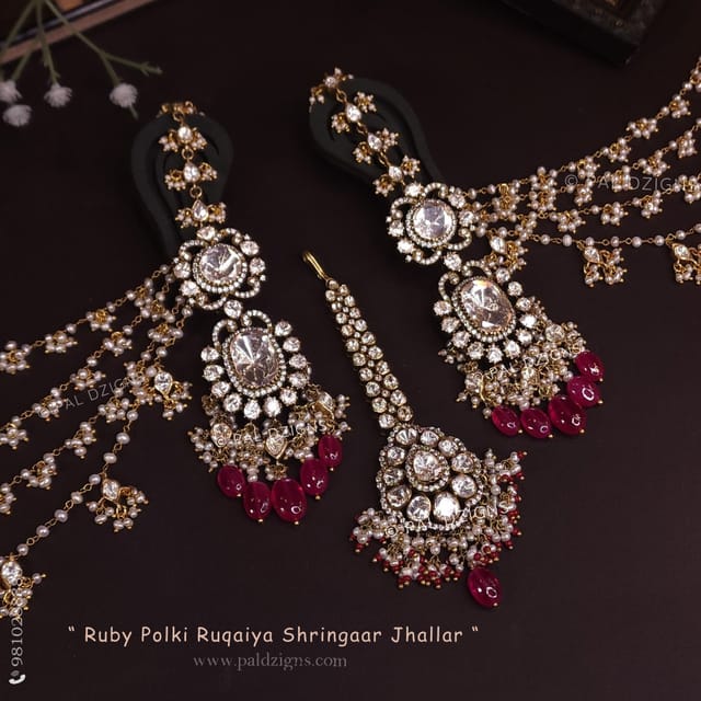 Ruby Polki Ruqaiya Shringaar Jhallar Moissanite Polki Tikka and Earring Combo