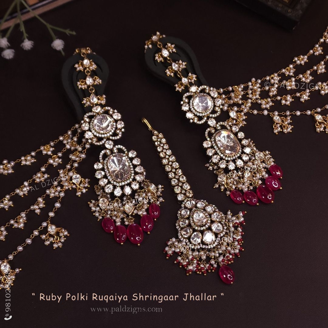 Ruby Polki Ruqaiya Shringaar Jhallar Moissanite Polki Tikka and Earring Combo