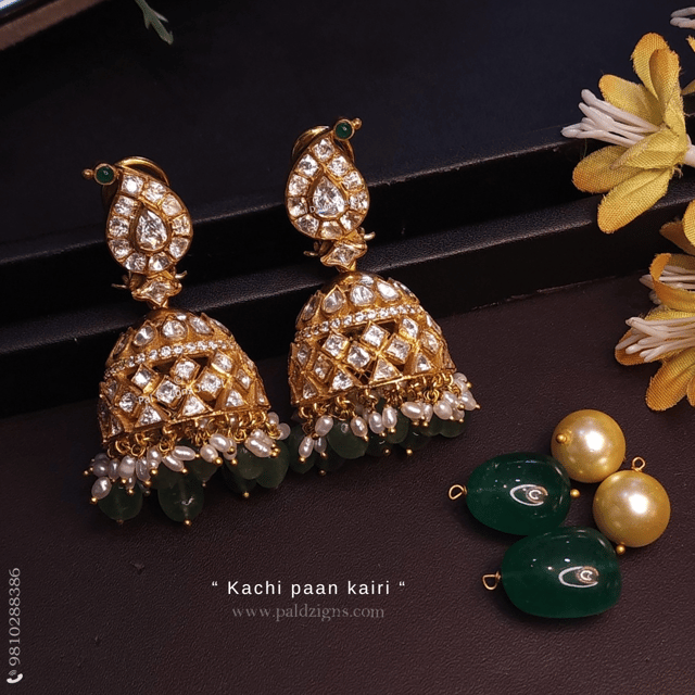 Kachi Paan Kairi With 2 Detachables Moissanite Polki Jhumki