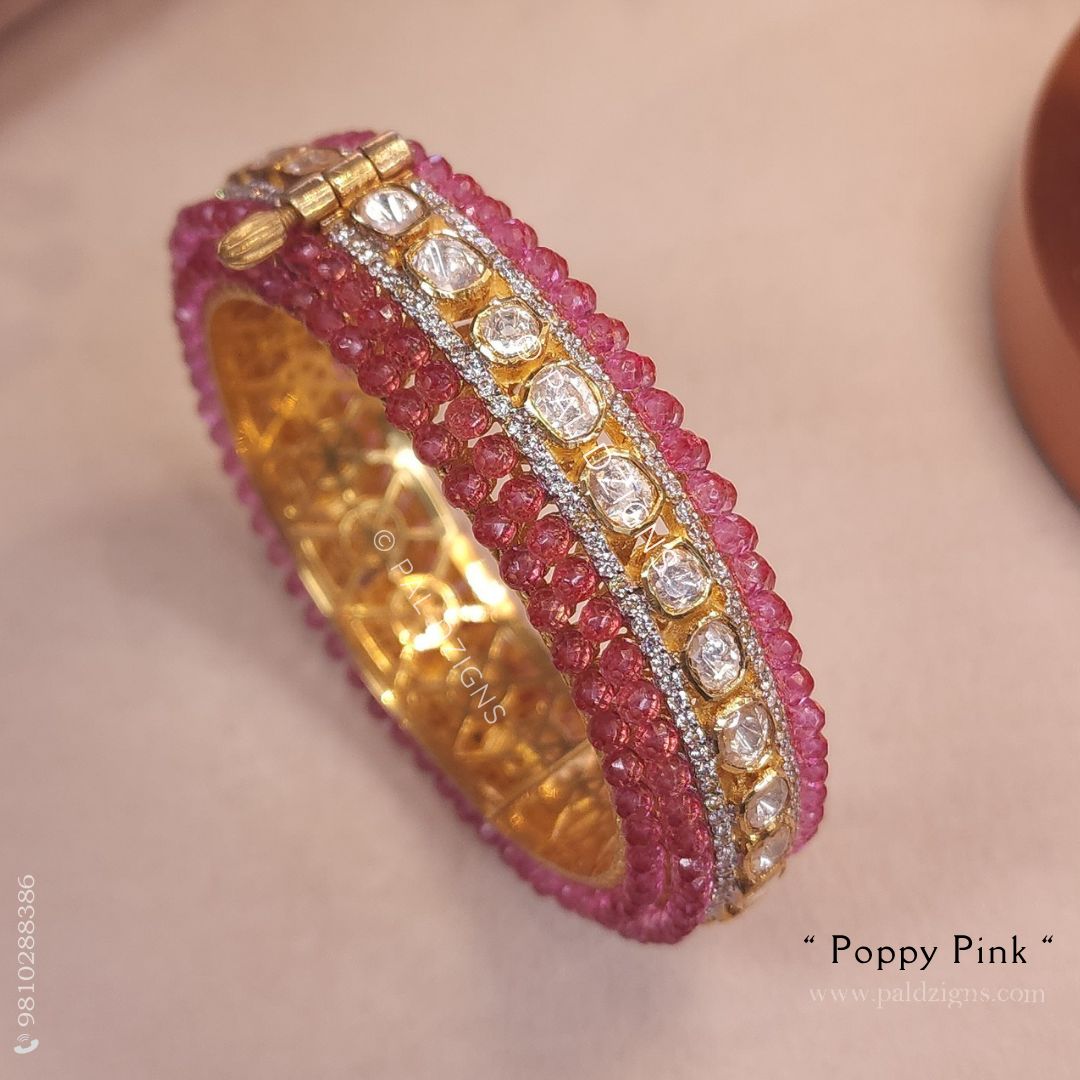 Poppy Pink 2-2" Size Moissanite Polki Bangle (Single)
