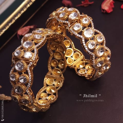 Jhilmil (2-6" Size) Moissanite Polki Bangles (Pair)