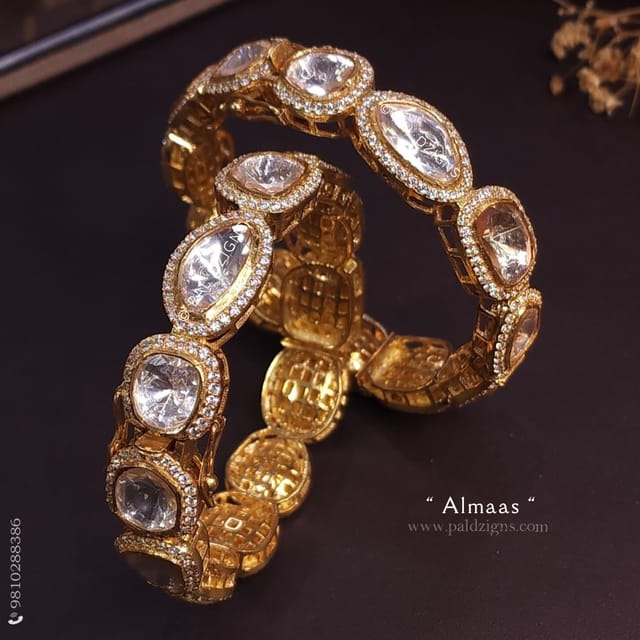 Almaas (2-6" Size) Moissanite Polki Bangles (Pair)