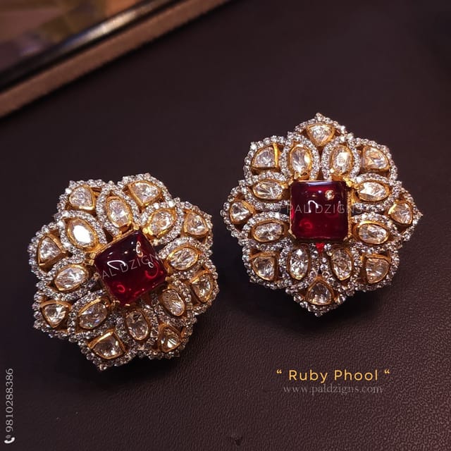 Ruby Phool Moissanite Polki Studs