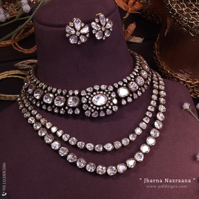 Jharna Nazraana Antique Moissanite Polki Combo Necklace Set