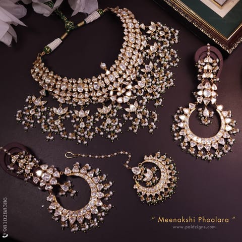 Meenakshi Phoolara Moissanite Polki Necklace Set And Tikka Combo