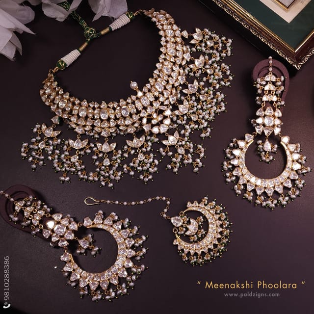 Meenakshi Phoolara Moissanite Polki Necklace Set And Tikka Combo