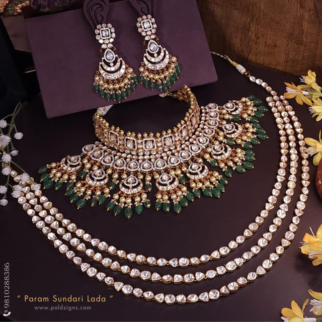 Param Sundari Lada Moissanite Polki Necklace Set Combo