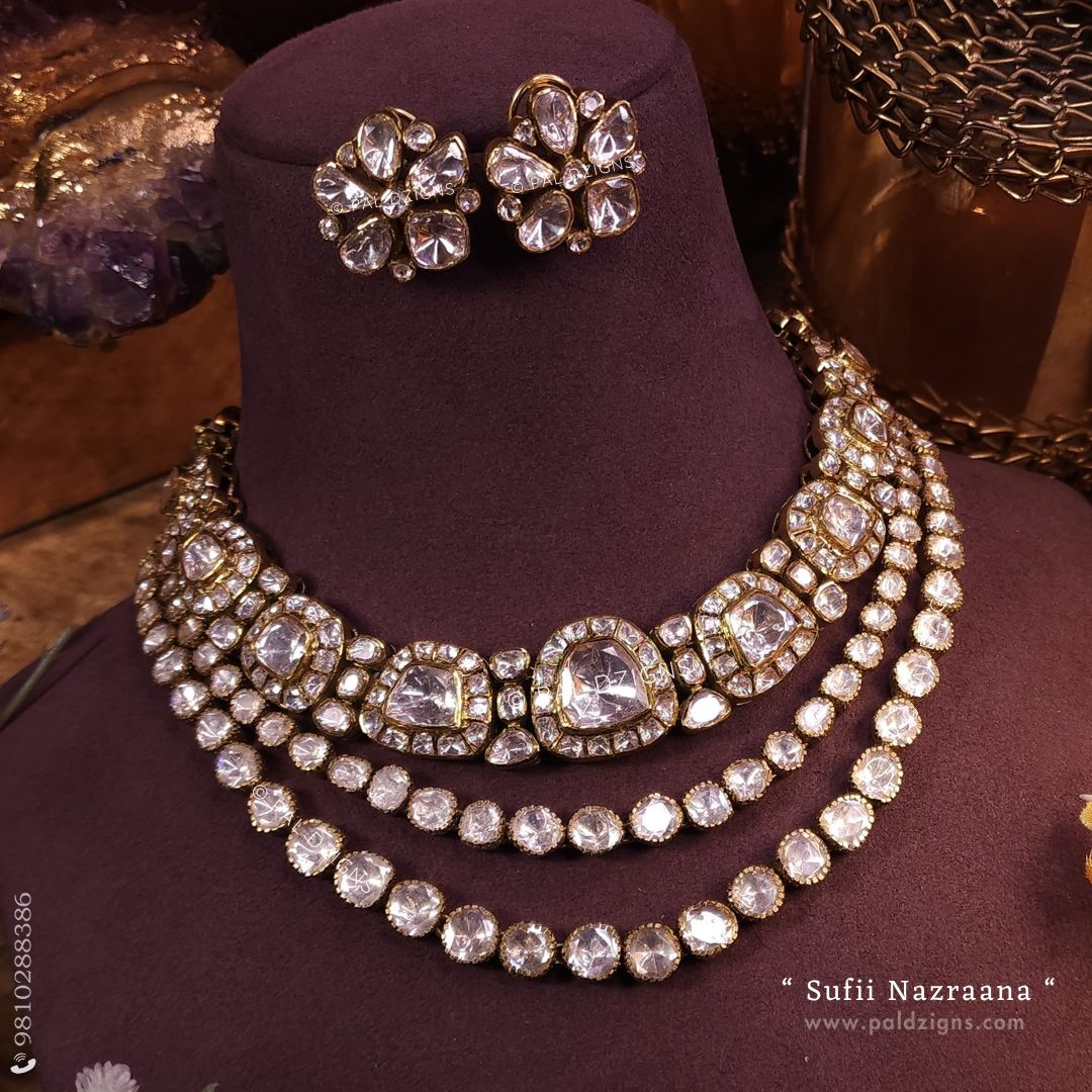 Sufii Nazraana Antique Moissanite Polki Combo Necklace Set