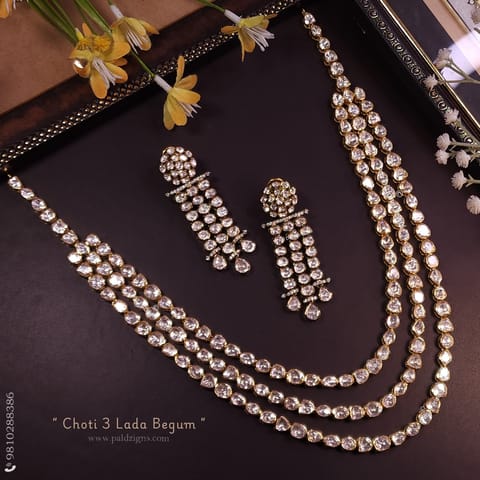 Choti 3 Lada Begum Moissanite Polki Long Necklace Set