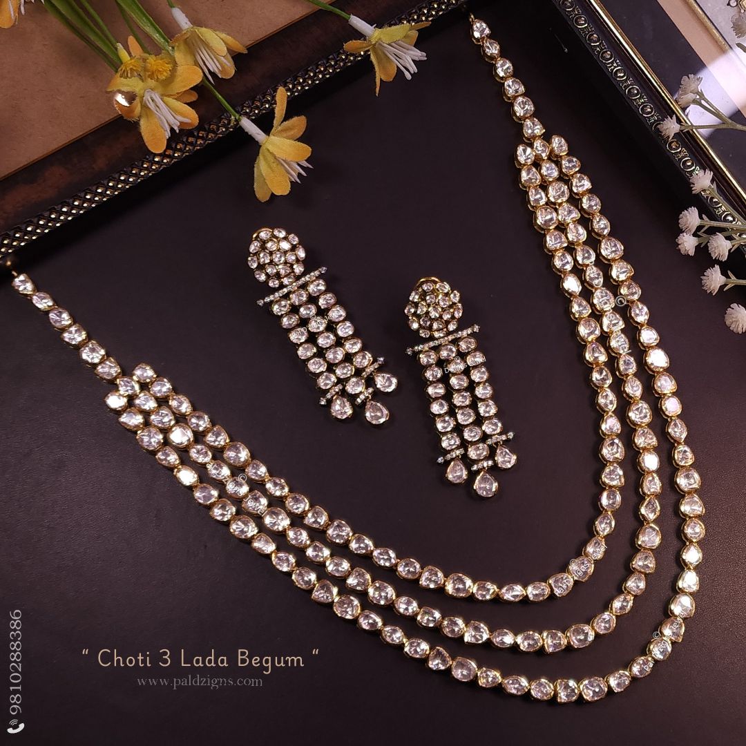 Choti 3 Lada Begum Moissanite Polki Long Necklace Set