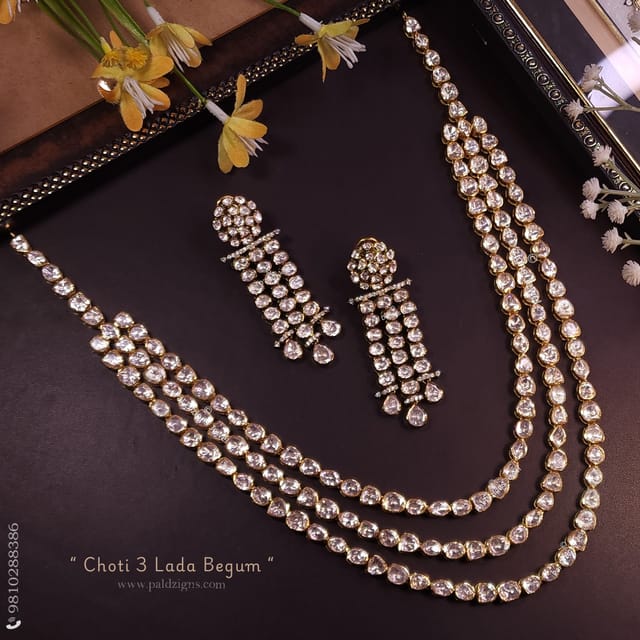 Choti 3 Lada Begum Moissanite Polki Long Necklace Set